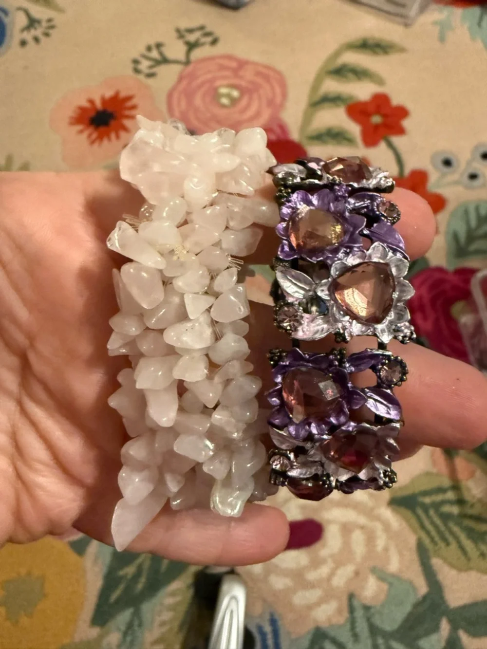 Boho Stretch Bracelet Set White Quartz Chip‎ & Purple Enamel Floral Crystal Cuff